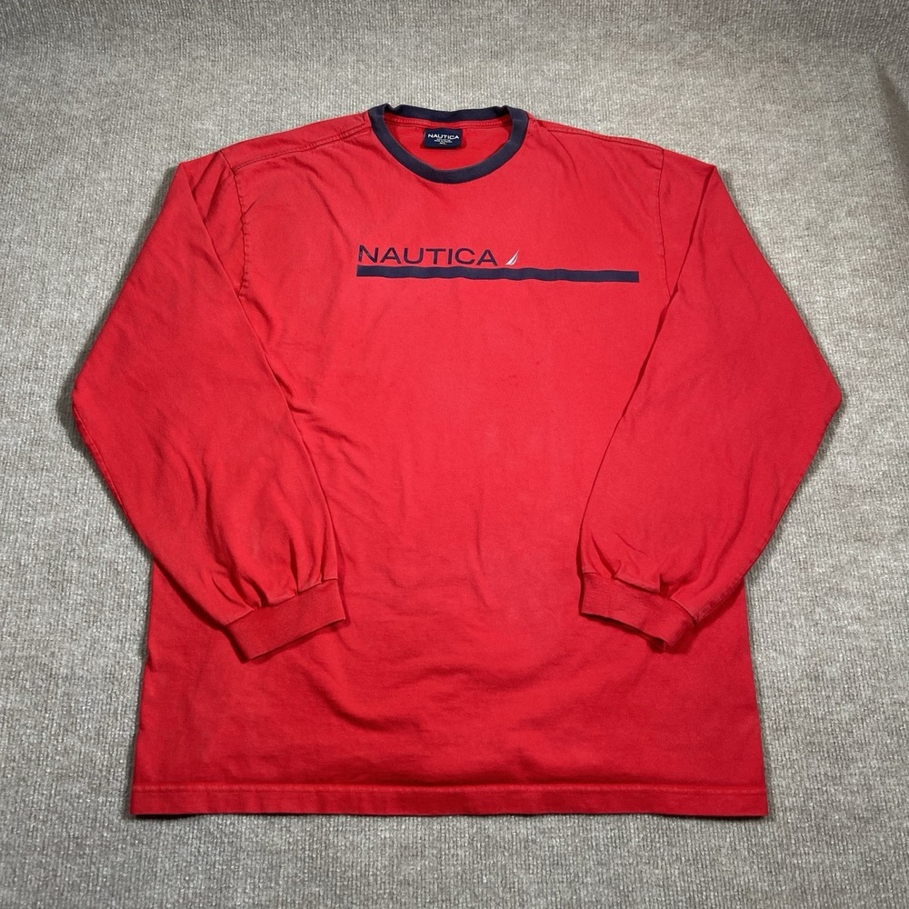 Vintage Nautica Shirt Mens XL Long Sleeve Red Striped Spellout Made In Canada‎